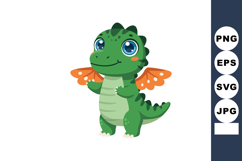 Cute green baby dragon with orange wings cartoon vector illu Product Image 1