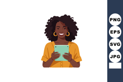 Woman with curly hair holding tablet smiling in casual outfi Product Image 1