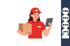 Delivery woman holding package and tablet in red uniform smi Product Image 1