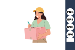 Woman holding pink box writing on label with pen casual life Product Image 1