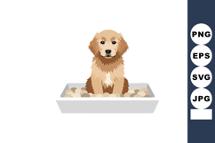Golden retriever puppy sitting in a dog bed with beige and b Product Image 1