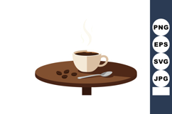 Hot coffee cup with spoon and coffee beans on round wooden t Product Image 1