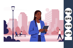 Businesswoman Using Digital Tablet in Urban Park with Citysc Product Image 1