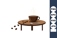 Coffee cup with spoon and scattered coffee beans on round ta Product Image 1