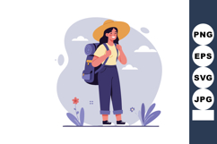 Female hiker with backpack and hat enjoying outdoor nature a Product Image 1