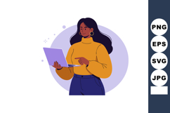 Woman working on laptop wearing orange sweater and blue pant Product Image 1