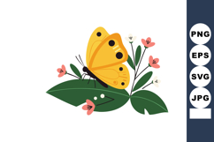 Yellow butterfly resting on green leaves with pink flowers v Product Image 1