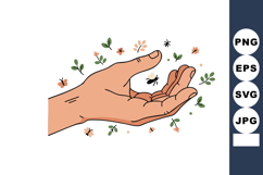 Human Hand Holding Insects and Green Leaves Vector Illustrat Product Image 1