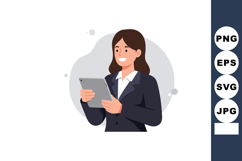 Businesswoman holding tablet device in dark suit smiling vec Product Image 1