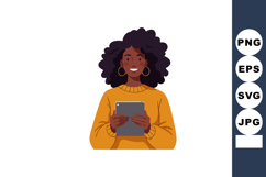 Woman with curly hair using tablet in orange sweater digital Product Image 1