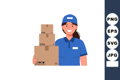 Delivery woman holding stacked cardboard boxes in uniform sm Product Image 1