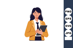 Businesswoman holding tablet in mustard blazer and black tie Product Image 1