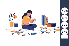 Woman assembling drone kit with tools and electronics in coz Product Image 1