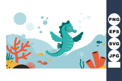 Seahorse swimming among coral and small fish in underwater o Product Image 1