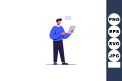Man in Blue Sweater Using Tablet Digital Communication Techn Product Image 1