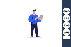 Man Using Digital Tablet for Work or Leisure in Blue Shirt a Product Image 1