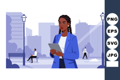 Businesswoman Using Tablet in Urban Cityscape with People Wa Product Image 1