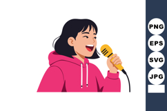 Young woman singing into a microphone with joyful expression Product Image 1