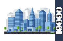 Modern cityscape with blue skyscrapers and green trees in ur Product Image 1