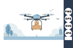 Delivery drone carrying package over landscape with birds an Product Image 1