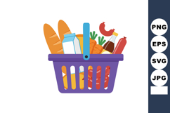 Grocery basket full of fresh bread milk carrots and sausages Product Image 1