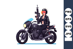 Female biker with punk outfit riding black motorcycle holdin Product Image 1