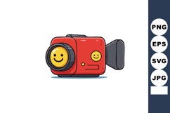 Red vintage video camera with smiling face lens and cheerful Product Image 1