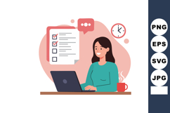 Woman working on laptop with checklist and clock at desk in Product Image 1