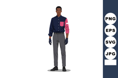 Young man standing wearing navy and pink shirt with grey pan Product Image 1