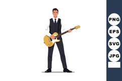Man playing yellow electric guitar in formal suit performing Product Image 1