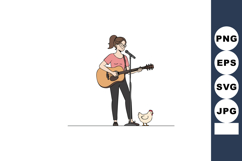 Young woman playing guitar singing with chicken standing nea Product Image 1