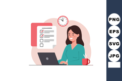 Woman Working on Laptop with Checklist and Clock in Office E Product Image 1