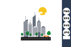 Cityscape with modern skyscrapers green trees orange car and Product Image 1