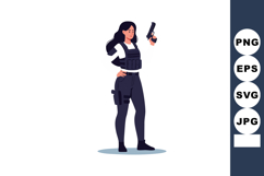 Female police officer holding handgun in tactical gear stand Product Image 1