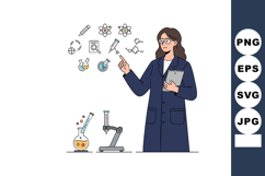 Female scientist in lab coat with science icons and laborato Product Image 1