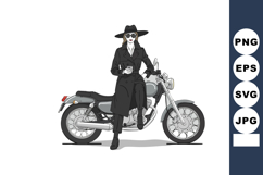 Woman in black trench coat and hat standing with motorcycle Product Image 1