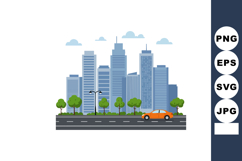 Urban cityscape with high-rise buildings and orange car on r Product Image 1