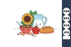 Cute breakfast food with milk, cereal, bread, apple, and sun Product Image 1