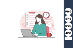 Woman working on laptop with checklist and clock in office w Product Image 1