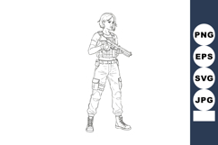 Female soldier holding rifle in tactical gear line art vecto Product Image 1