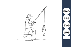 Fisherman catching fish with fishing rod sitting on bucket l Product Image 1