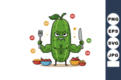 Muscular angry cucumber cartoon character holding fork and k Product Image 1