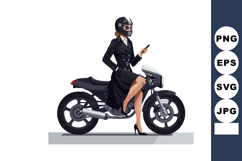 Woman in black dress riding motorcycle using smartphone vect Product Image 1