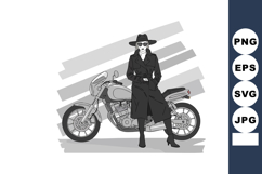 Woman in black coat and hat standing beside motorcycle in mo Product Image 1