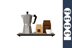 Coffee brewing set with moka pot cup and coffee bags on tray Product Image 1