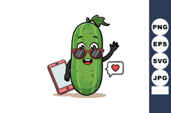 Cute cucumber character with sunglasses holding smartphone a Product Image 1