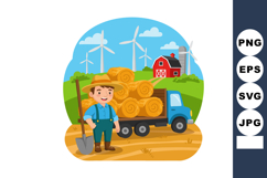 Farmer standing beside blue truck loaded with hay bales on f Product Image 1