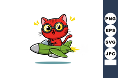 Red Cat Wearing Goggles Flying Green Airplane Cartoon Vector Product Image 1