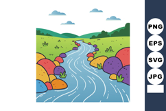 Colorful river flowing through green hills with multicolored Product Image 1