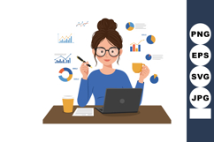 Woman working on laptop with analytics charts and coffee cup Product Image 1